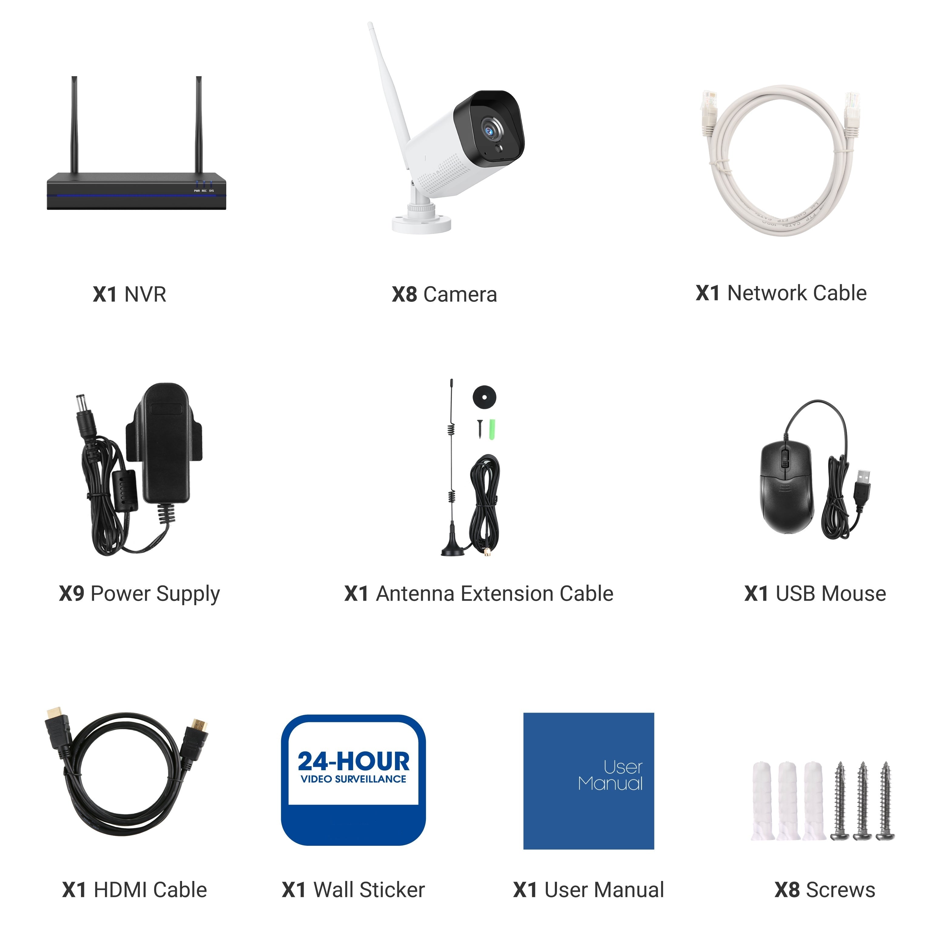 KEEWS300 – Kit videosorveglianza FULL HD wireless 8 canali con 8 telecamere , HD 1 TERA microfono integrato, rilevazione umana, Compatibile con Alexa