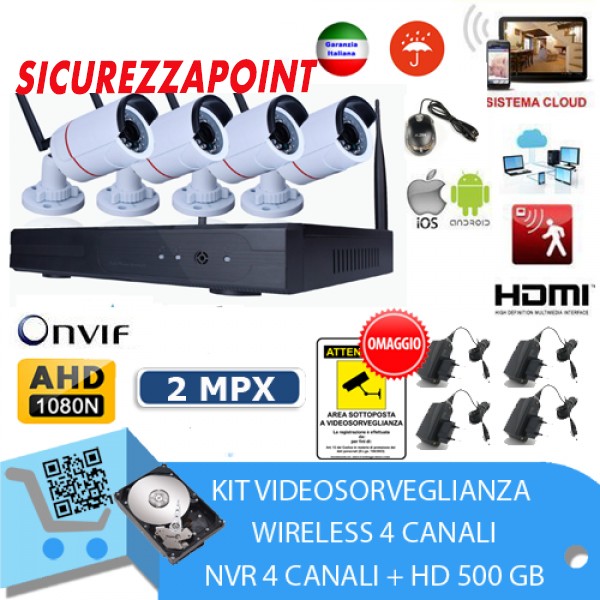 KIT VIDEOSORVEGLIANZA WIRELESS FULL HD IP 4 TELECAMERE AHD NVR 2 MPX 3G 500 GB