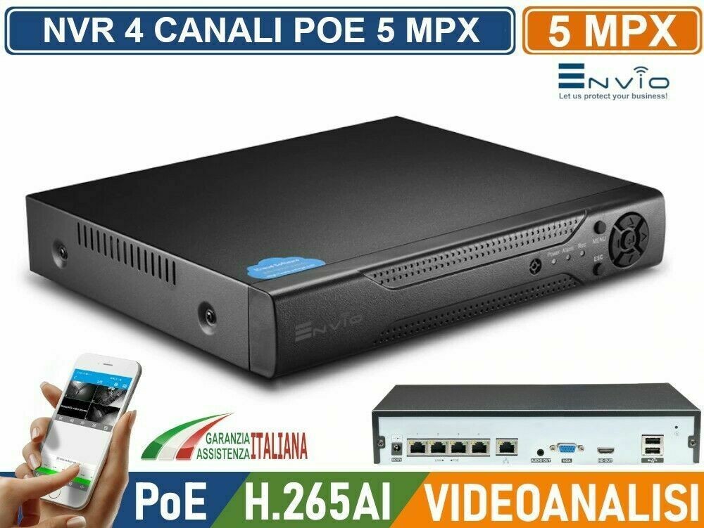 Kit Videosorveglianza NVR 4 CANALI POE ONVIF + 4 TELECAMERE IP POE FULL COLOR 3M
