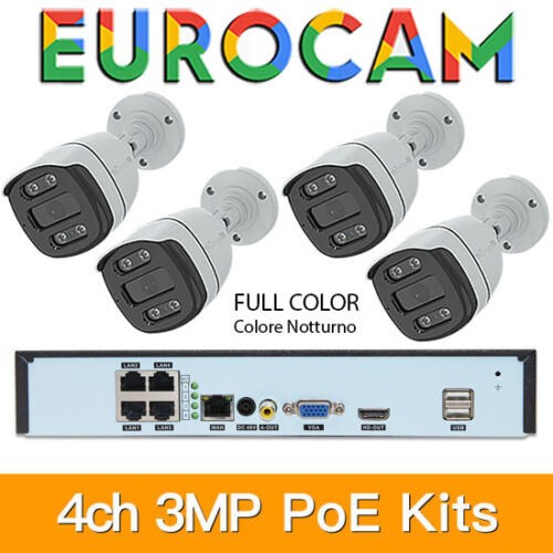 Kit Videosorveglianza NVR 4 CANALI POE ONVIF + 4 TELECAMERE IP POE FULL COLOR 3M