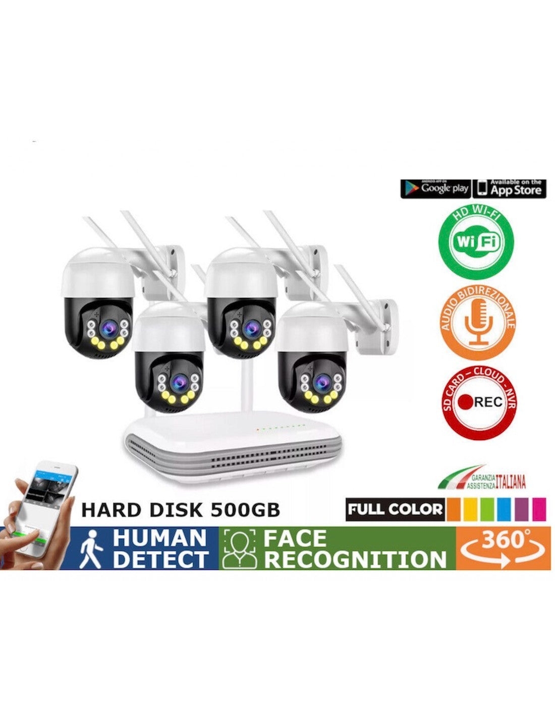 KIT VIDEOSORVEGLIANZA SPEED DOME WIRELESS FULL HD IP 4 TELECAMERE 3 MPX WIFI DA REMOTO SENZA FILI