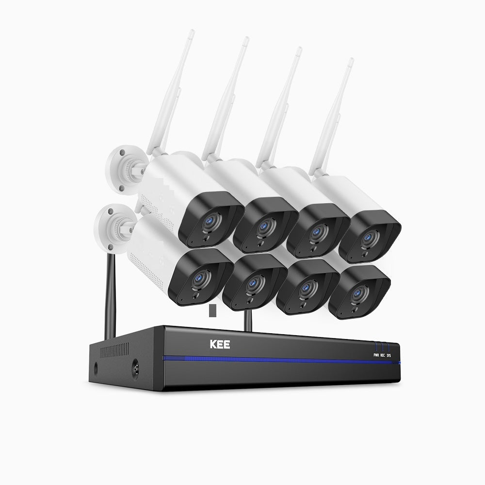 KEEWS300 – Kit videosorveglianza wireless 8 canali con 8 telecamere 3 MPX, HD 1 TERA microfono integrato, rilevazione umana, Compatibile con Alexa