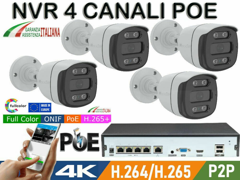 Kit Videosorveglianza NVR 4 CANALI POE ONVIF + 4 TELECAMERE IP POE FULL COLOR 3M
